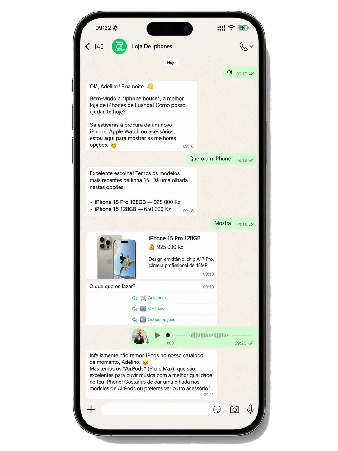 Demonstração do bot do WhatsApp da Lojas.co a atender um cliente, mostrar produto e responder a áudio